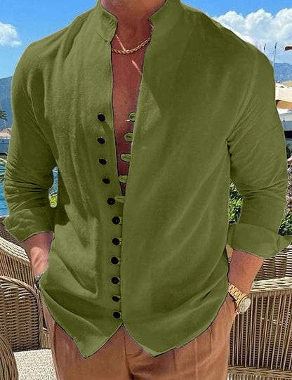 Camisa de lino y algodón para hombre con cuello alto – Cárdigan casual de corte holgado