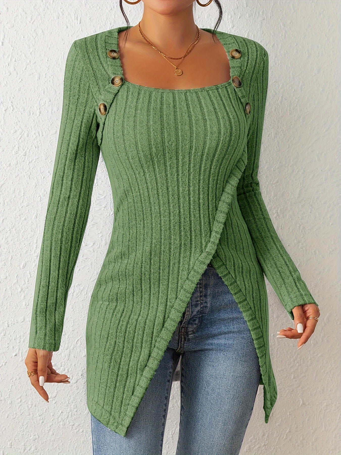 Camiseta de punto entallada para mujer – Top de manga larga con cuello cuadrado