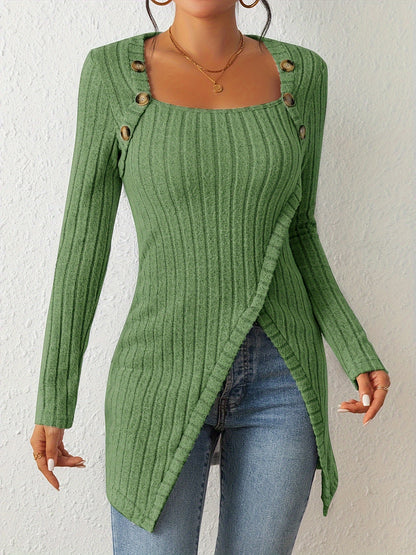 Camiseta de punto entallada para mujer – Top de manga larga con cuello cuadrado