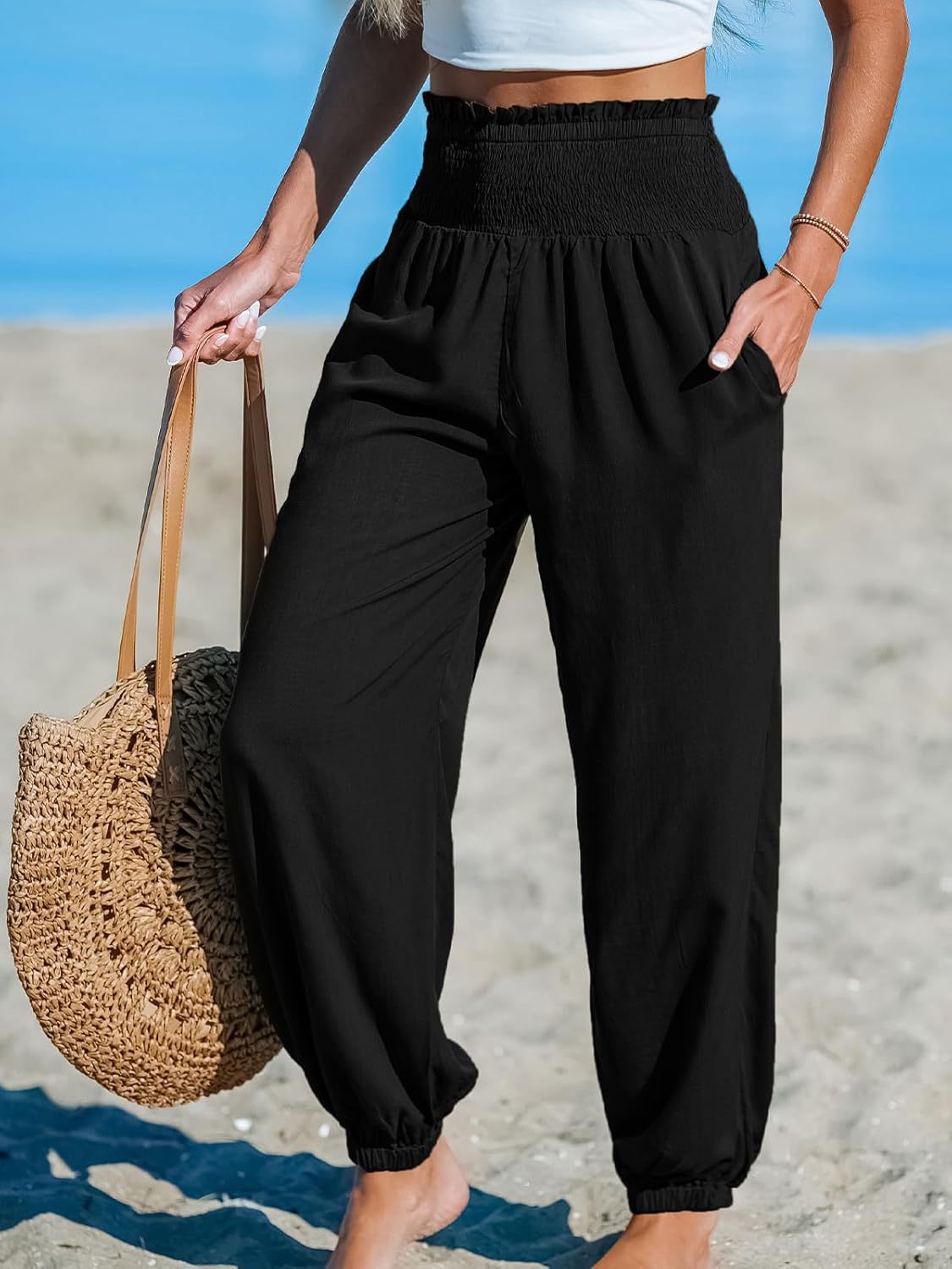 Women’s Ankle-Tie Pants – High Waist Beach Casual Fit