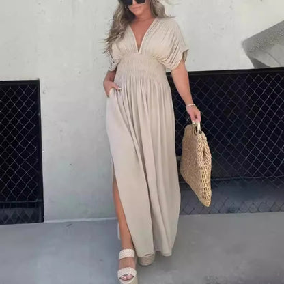 Robe longue fendue à col en V Loom & Soul™ pour femme – Robe longue d'été à manches courtes et taille élastique