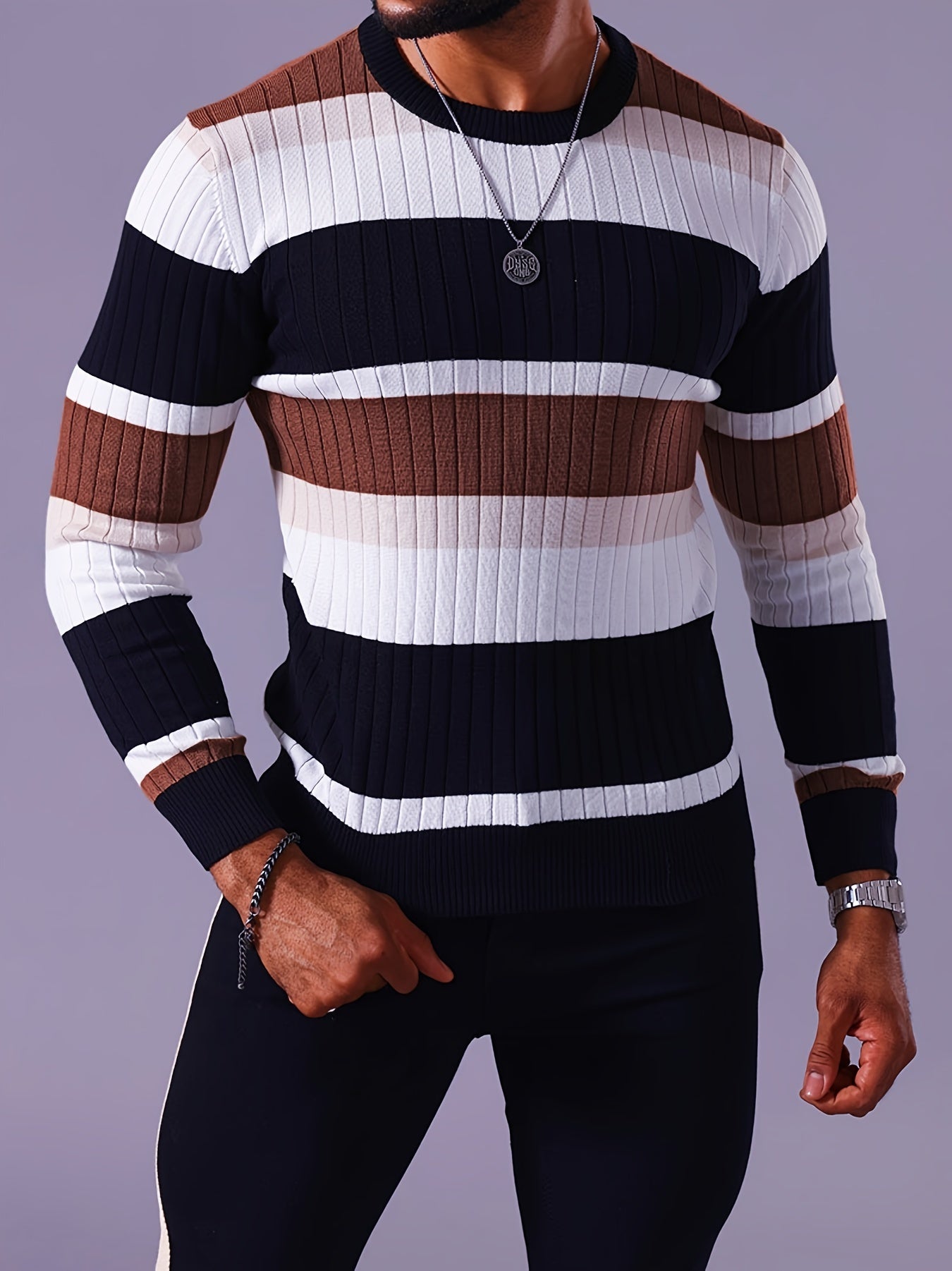 Pull rayé en tricot côtelé pour homme – Pull Color Block Automne Hiver