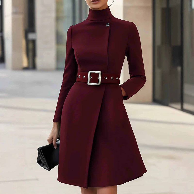 Vestido midi con cinturón y cuello alto para mujer – Elegancia de oficina de corte ajustado