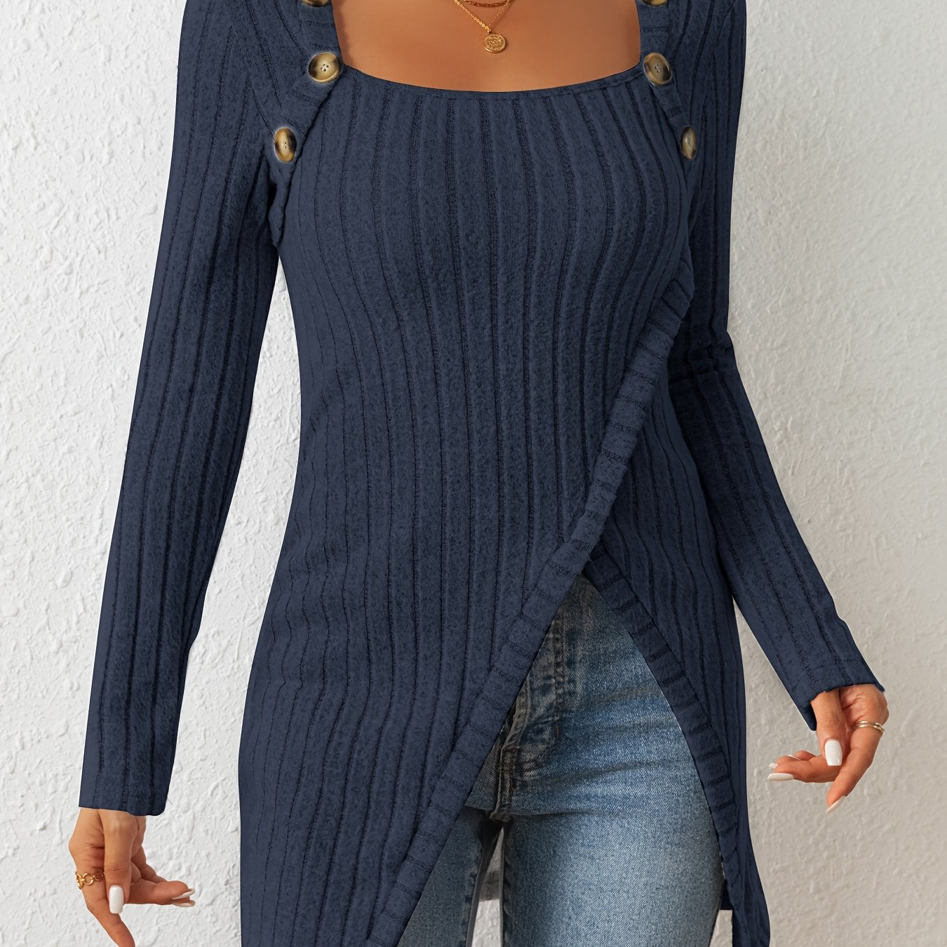 Camiseta de punto entallada para mujer – Top de manga larga con cuello cuadrado