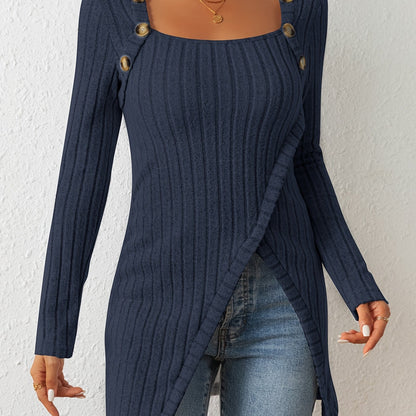 Camiseta de punto entallada para mujer – Top de manga larga con cuello cuadrado