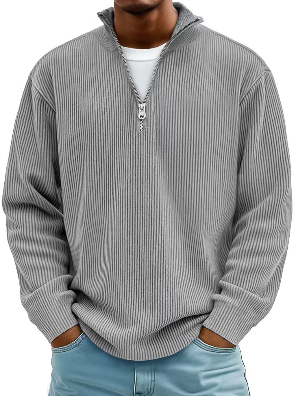 Men’s Corduroy Zip Stand Collar Sweatshirt – Casual Long Sleeve Top
