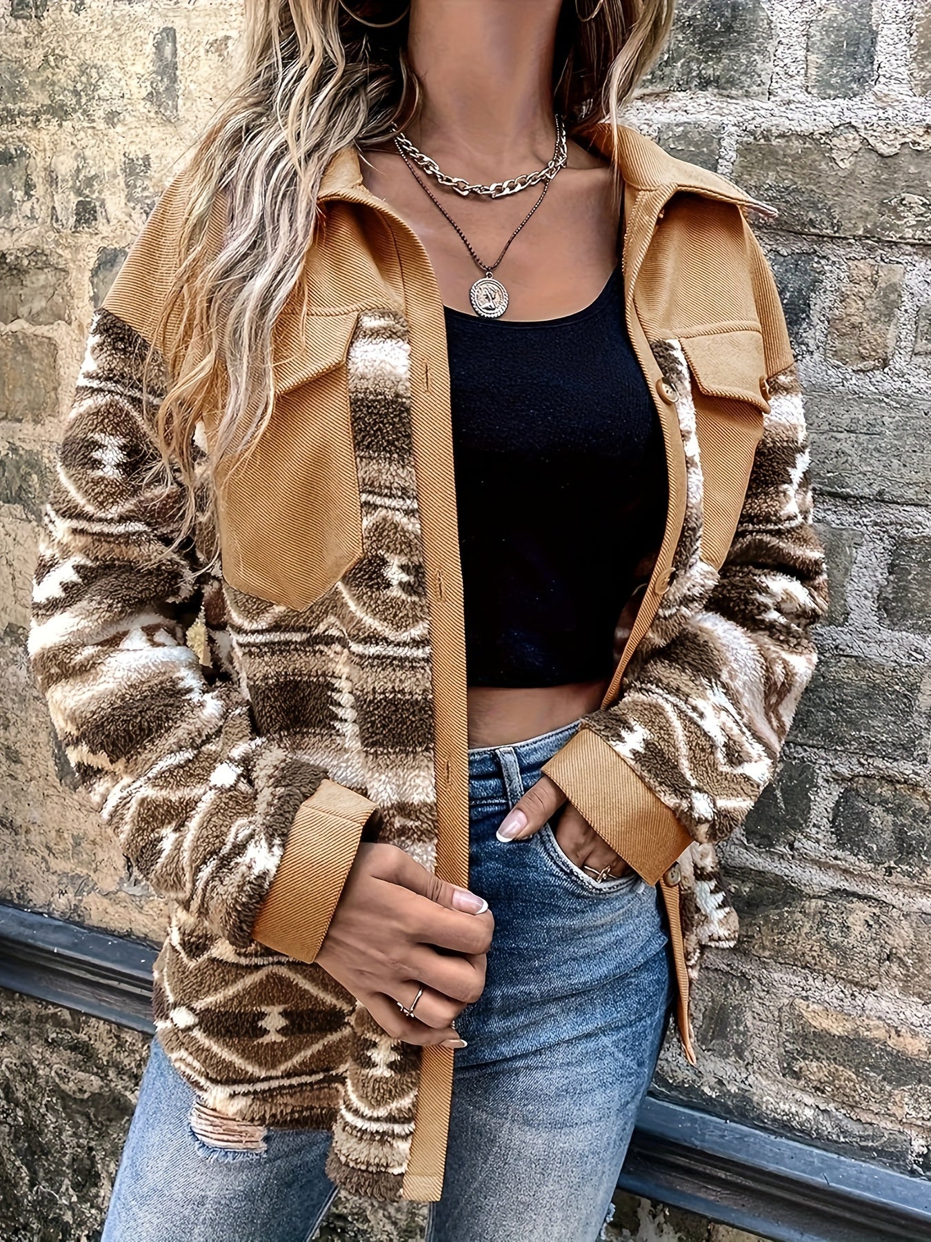 Chaqueta polar geométrica para mujer – Abrigo de invierno cálido con bloques de color