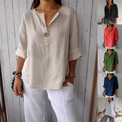 Loom & Soul™ Top de botones con cuello en V de algodón y lino para mujer – Blusa suelta de manga larga