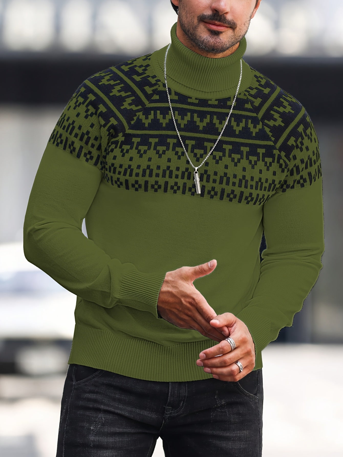 Men’s Geometric Turtleneck Sweater – Casual Knit Pullover for Fall & Winter