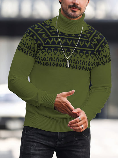 Men’s Geometric Turtleneck Sweater – Casual Knit Pullover for Fall & Winter