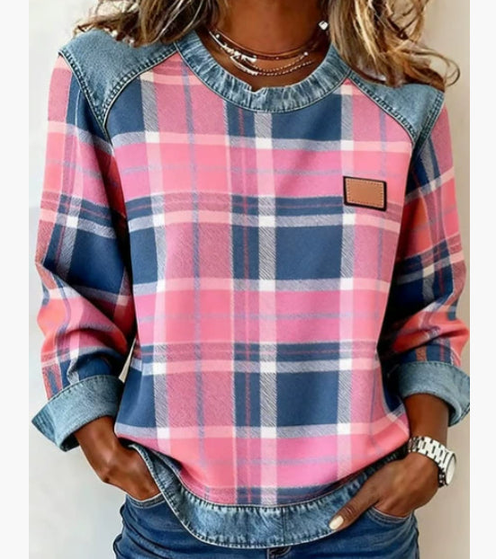 Sudadera de retazos de mezclilla para mujer - Sudadera floral con cuello redondo