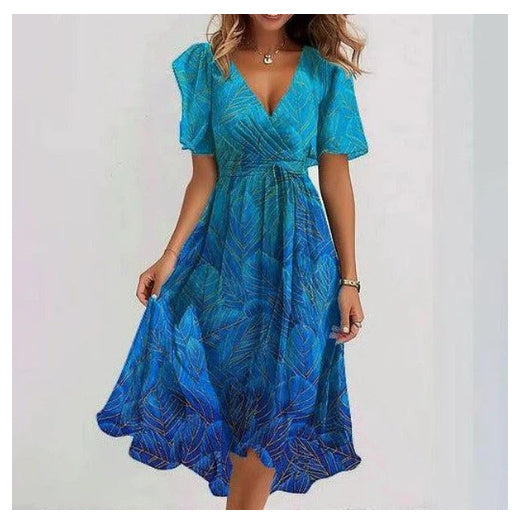 Loom & Soul™ Vestido floral de chifón – Vestido midi elegante de verano con cuello en V y manga corta para mujer