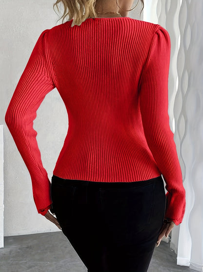 Pull élégant rose à col en V pour femme – Haut en maille côtelée à manches longues