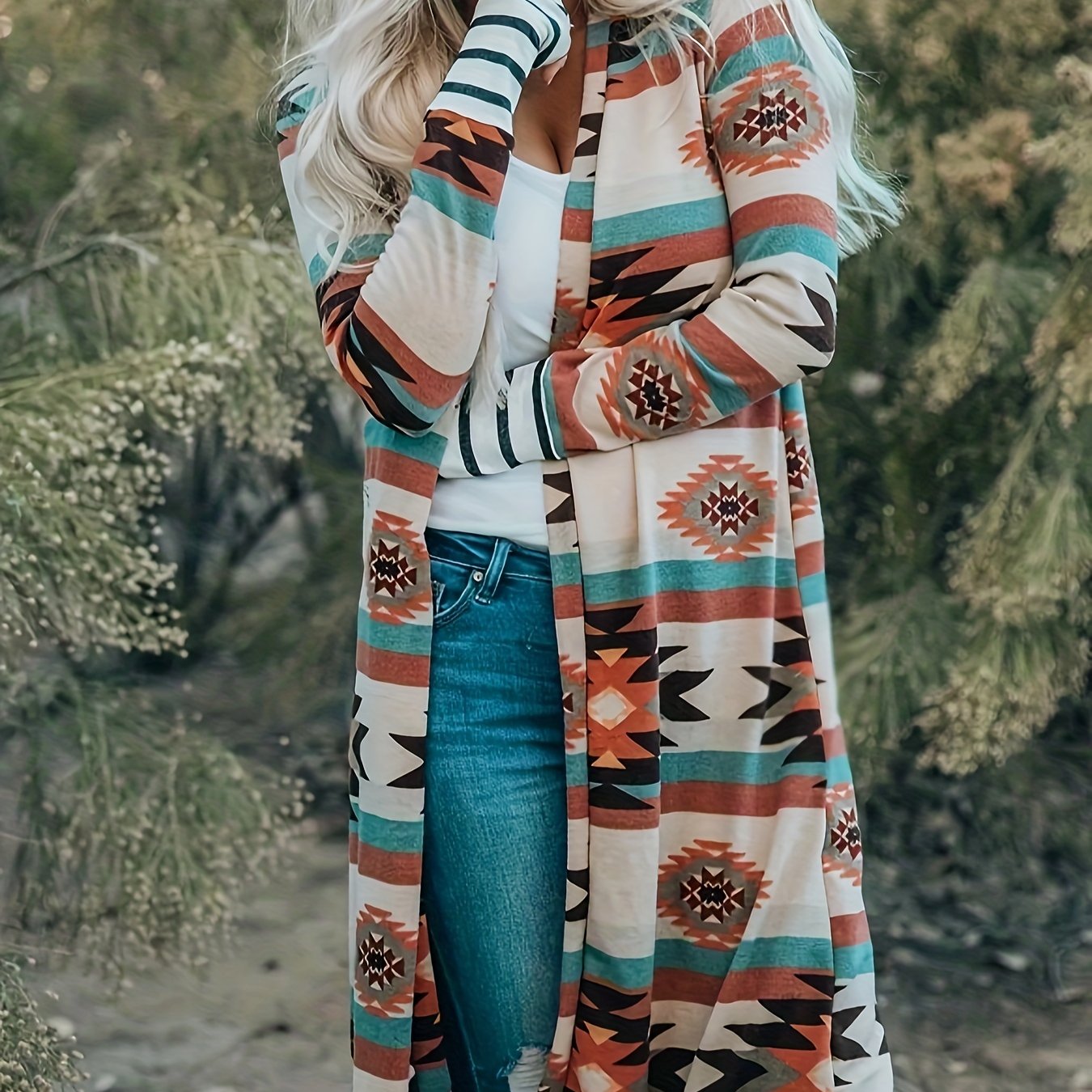 Cárdigan con estampado azteca del suroeste – Chaqueta de punto turquesa y roja para mujer