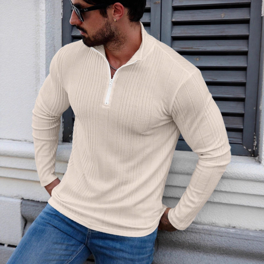 Sudadera con capucha de punto acanalado para hombre con cuello alto – Sudadera gruesa ajustada