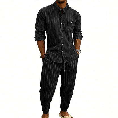 Men’s Striped Henley Set – Linen Jogger Streetwear Outfit