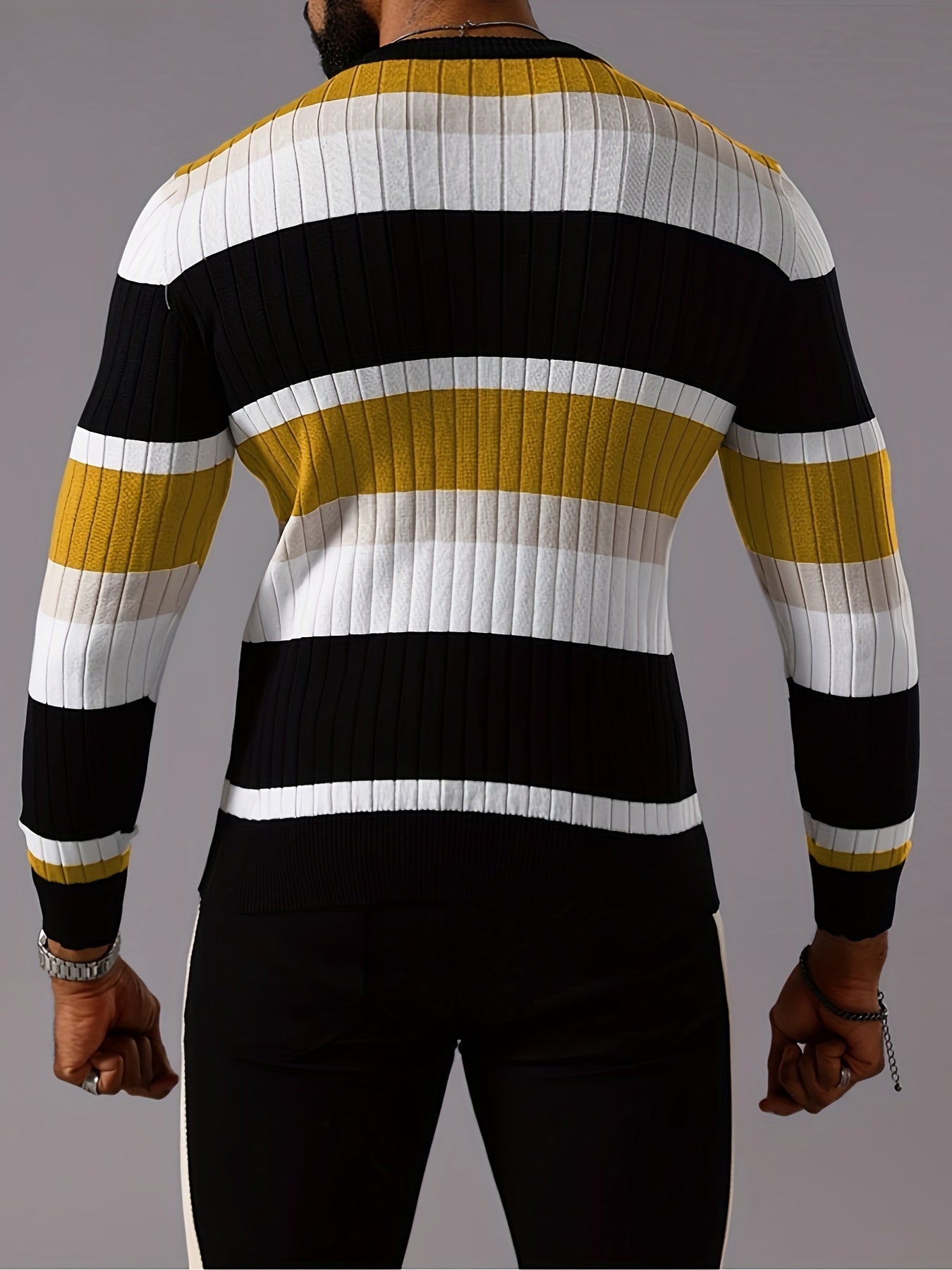 Pull rayé en tricot côtelé pour homme – Pull Color Block Automne Hiver