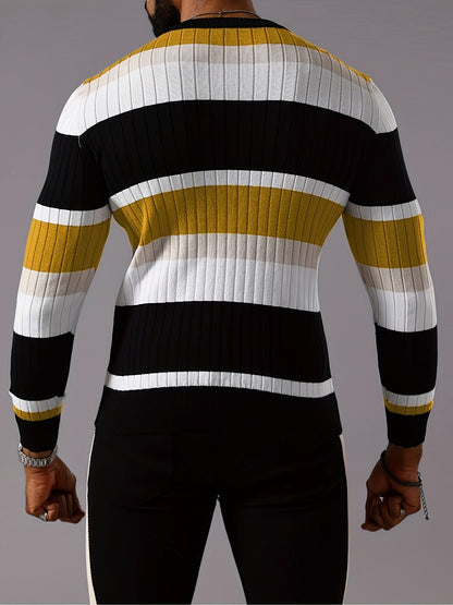Pull rayé en tricot côtelé pour homme – Pull Color Block Automne Hiver