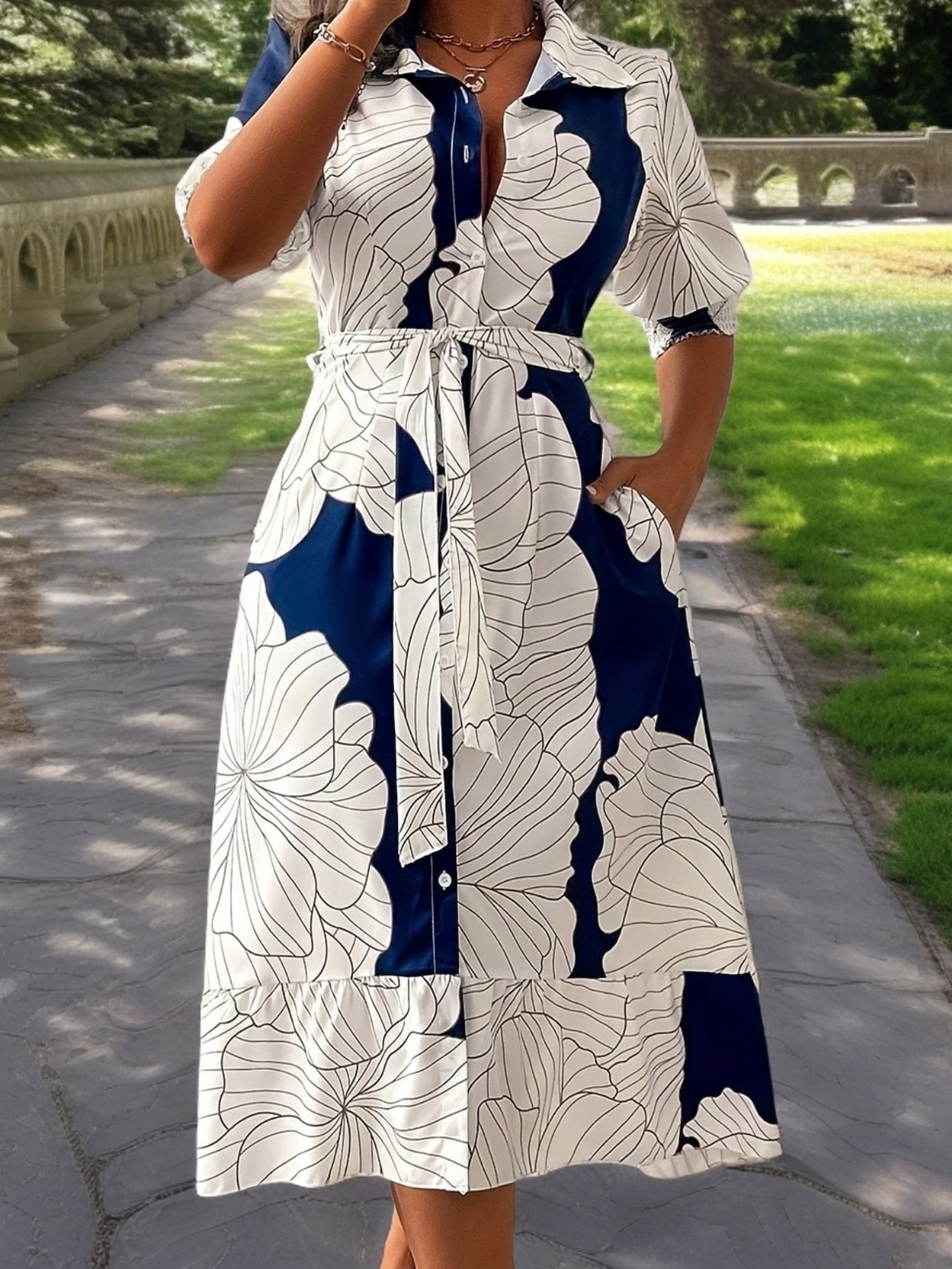 Floral Tie-Waist Maxi Shirt Dress – Elegant Long Sleeve A-Line Dress