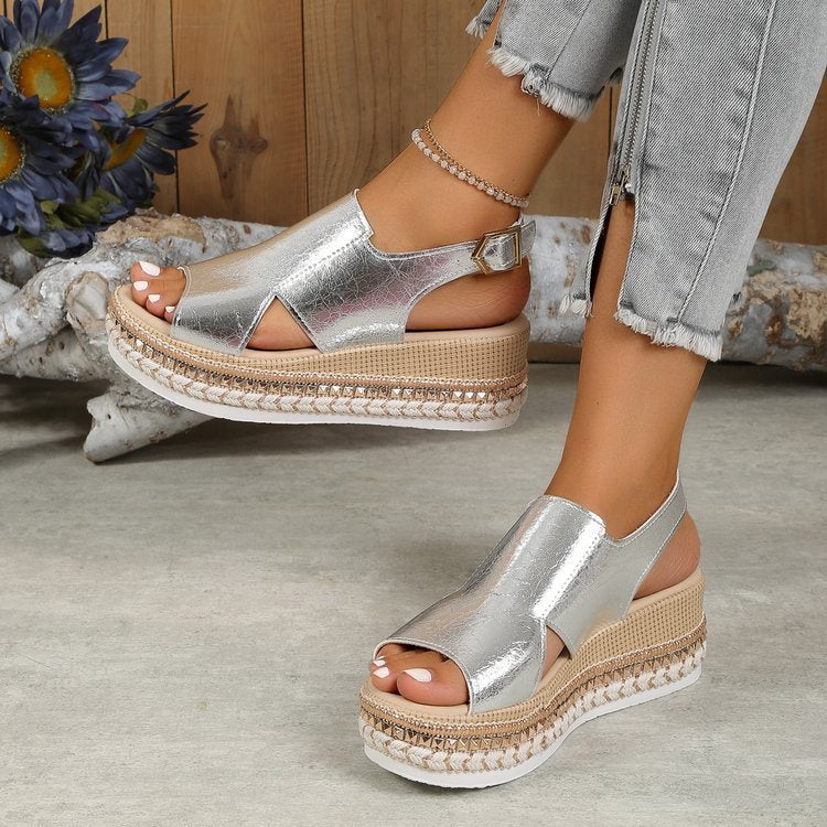 Loom & Soul™ Sandalias de cuña brillantes – Sandalias de mujer con boca de pescado hueca y hebilla