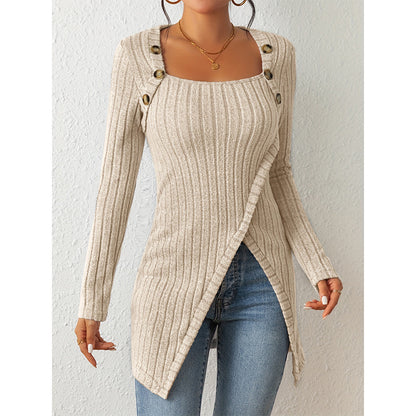 Jersey de punto elegante con abertura, hombros descubiertos y escote cuadrado para mujer