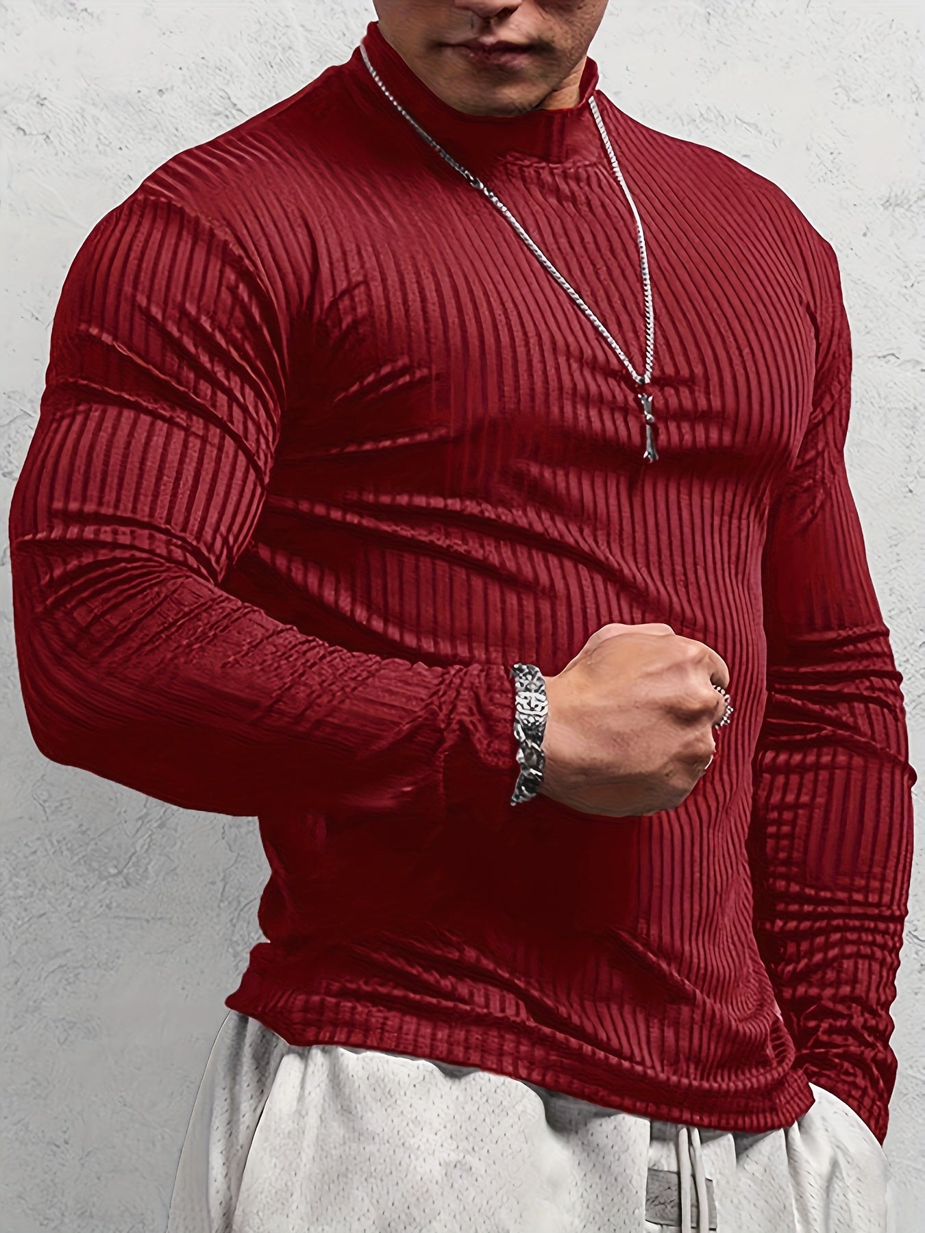 Camiseta de manga larga ajustada acanalada para hombre – Camiseta deportiva con cuello alto