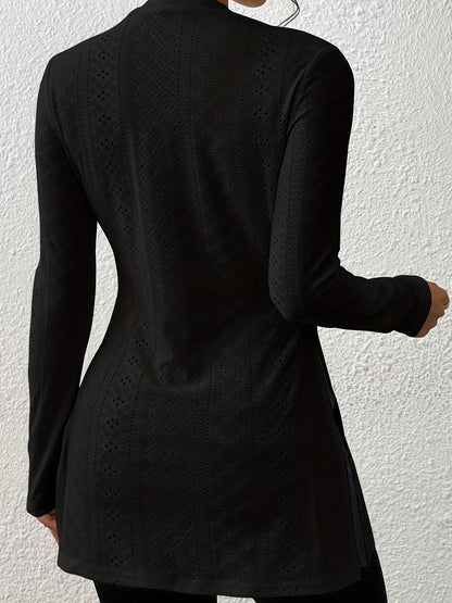 Elegante Top de Manga Larga con Bajo Hendido – Camiseta de Ojal de Cuello Redondo