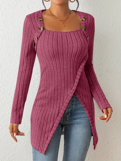 Camiseta de punto entallada para mujer – Top de manga larga con cuello cuadrado
