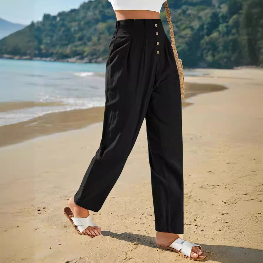 Pantalon décontracté taille haute Loom & Soul pour femme – Pantalon droit en coton et lin pour un confort au quotidien