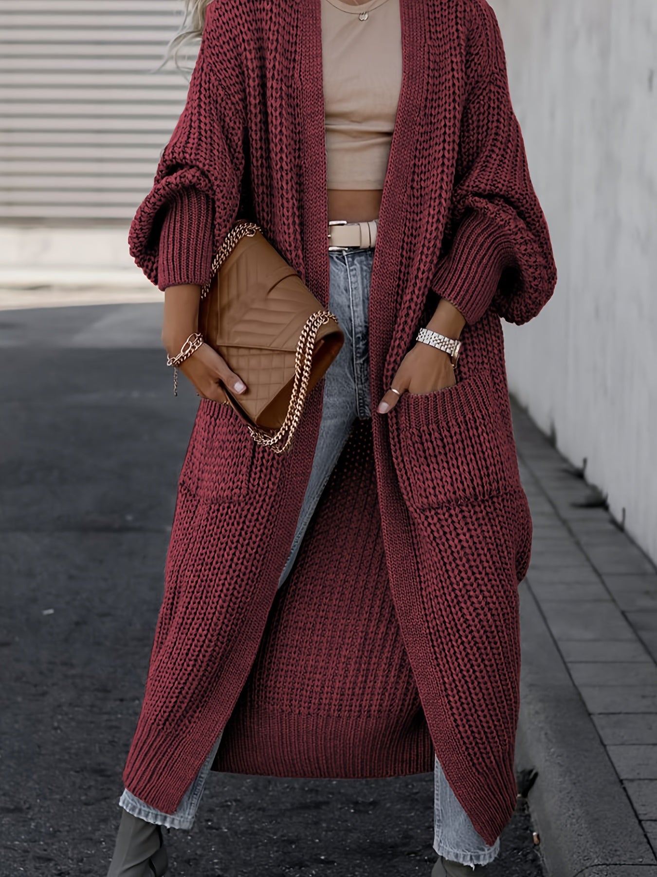 Elegante cárdigan acanalado con cuello en V profundo – Suéter de punto de otoño/invierno para mujer