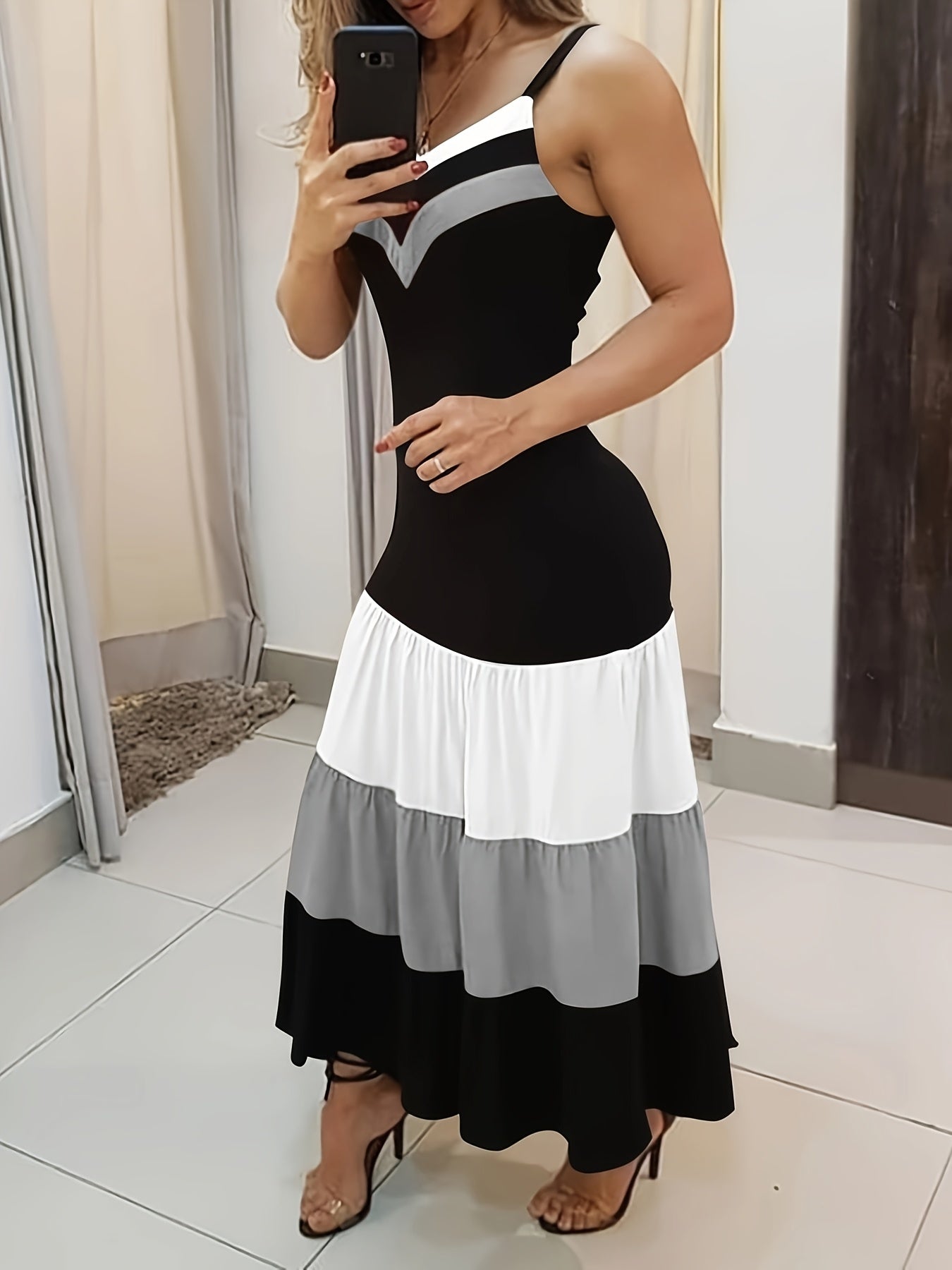 Colorblock Ruched Maxi Dress – Spaghetti Strap Ruffle Summer Dress