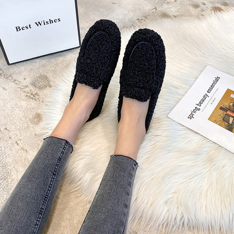 Mocasines planos de felpa de invierno Loom & Soul para mujer – Mocasines de lana de cordero cálidos sin cordones con forro suave y tacón plano