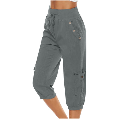 Loom & Soul™ Pantalon Cargo Cropped Femme – Mélange Coton-Lin avec Poches pour un Style Quotidien Sans Effort