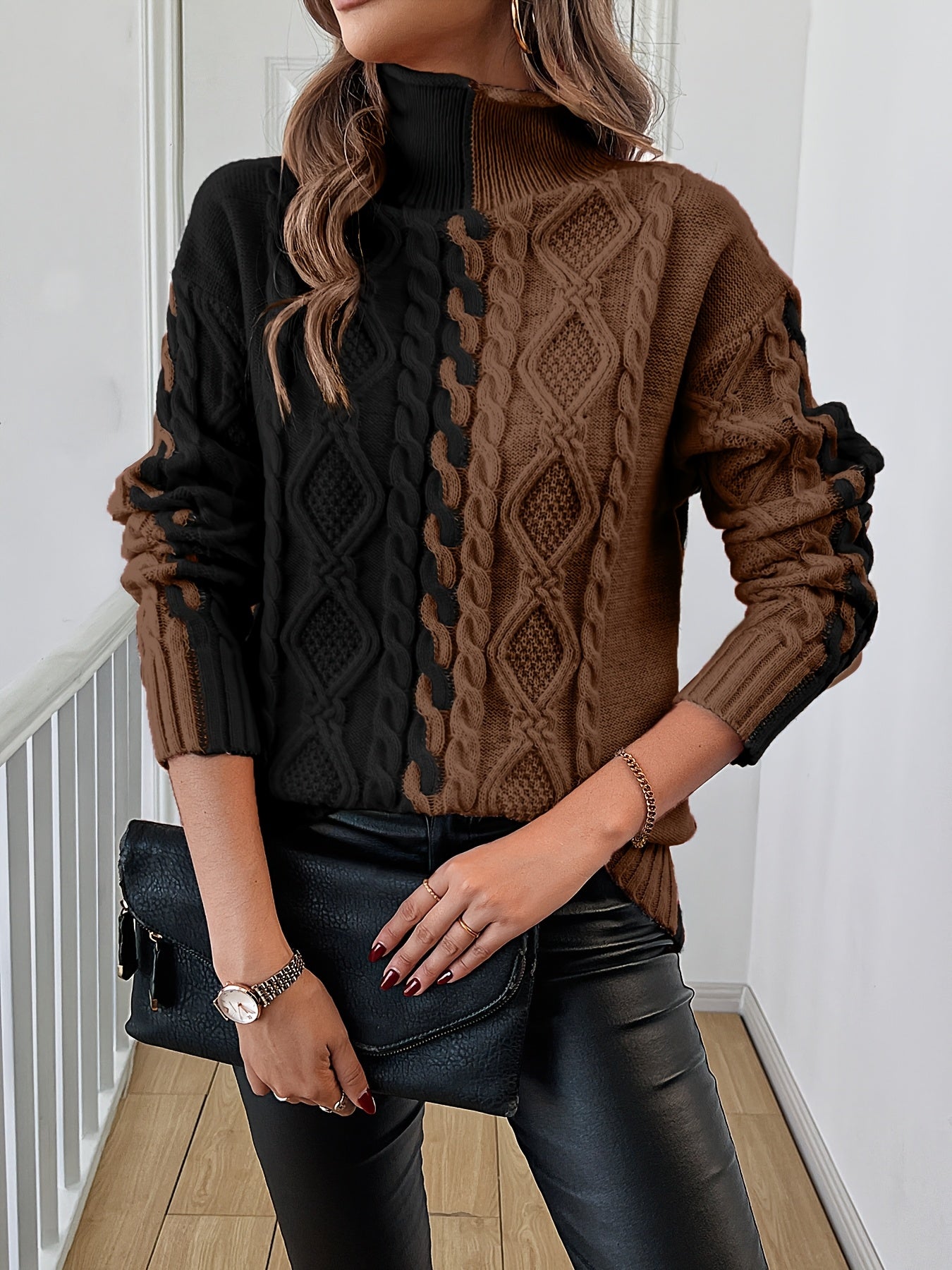 Blusa Elegante de Rayas con Cuello Alto – Top de Manga Larga de Punto Color Block