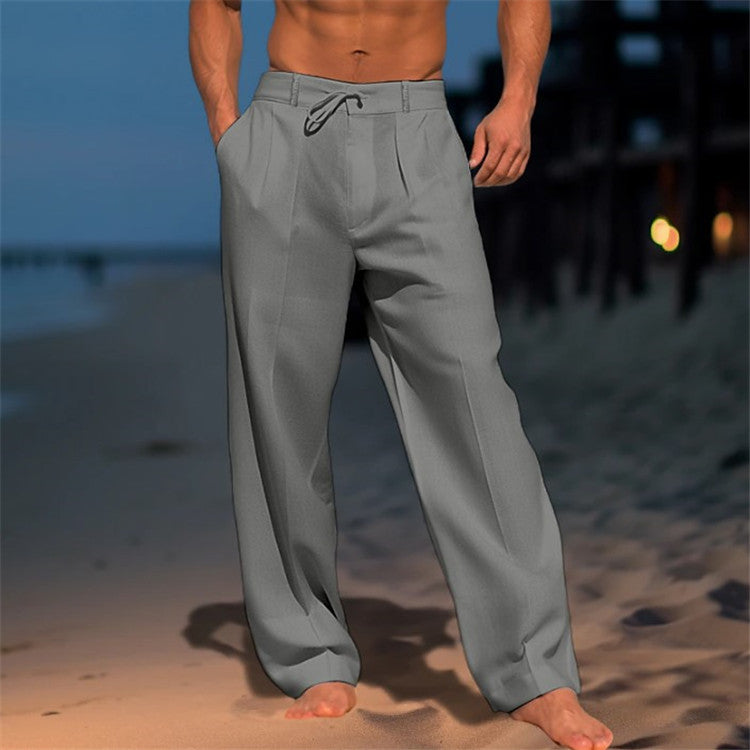 Pantalones de pierna ancha con cordón para hombre – Pantalones rectos casuales de algodón