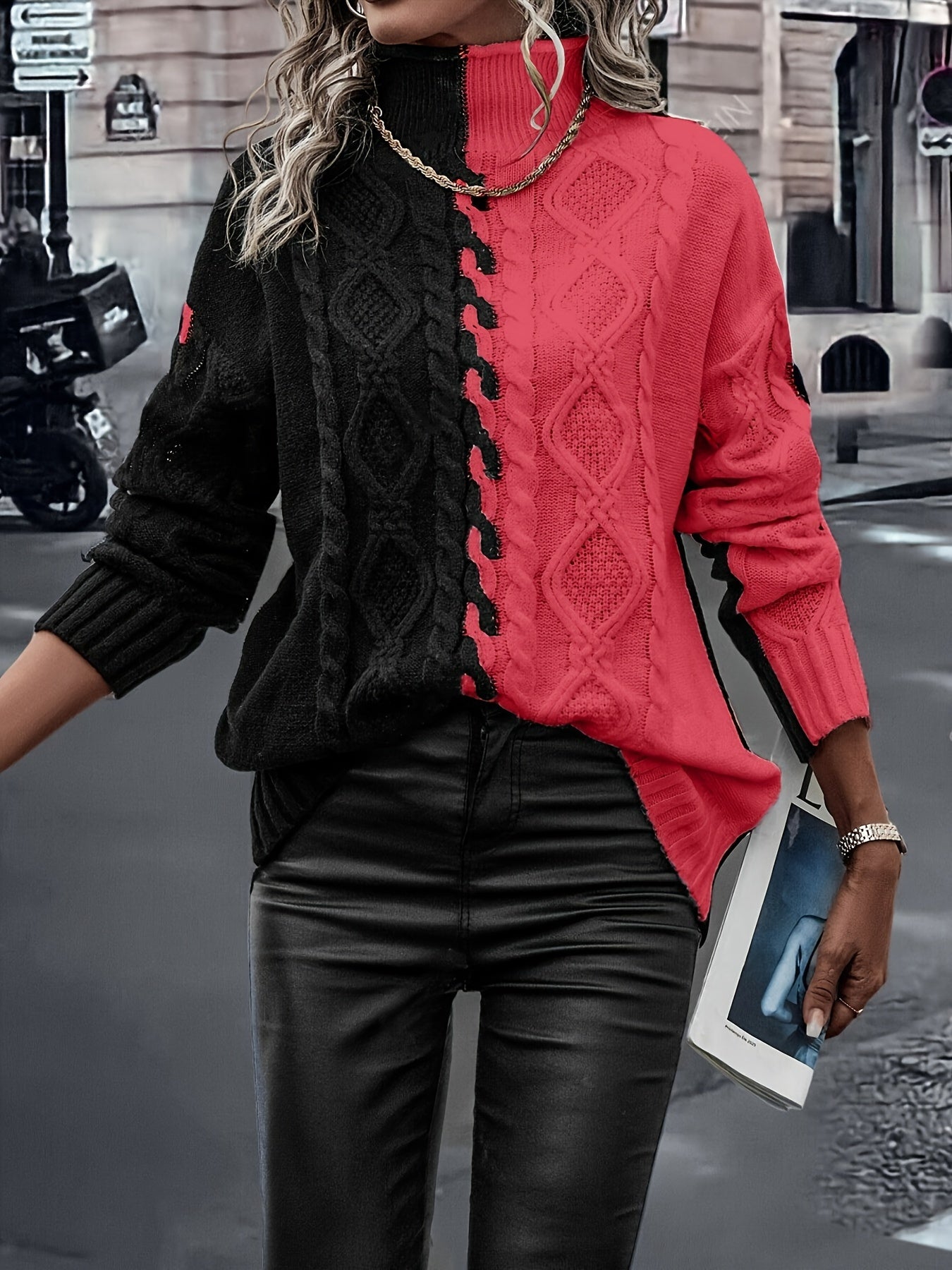 Blusa Elegante de Rayas con Cuello Alto – Top de Manga Larga de Punto Color Block