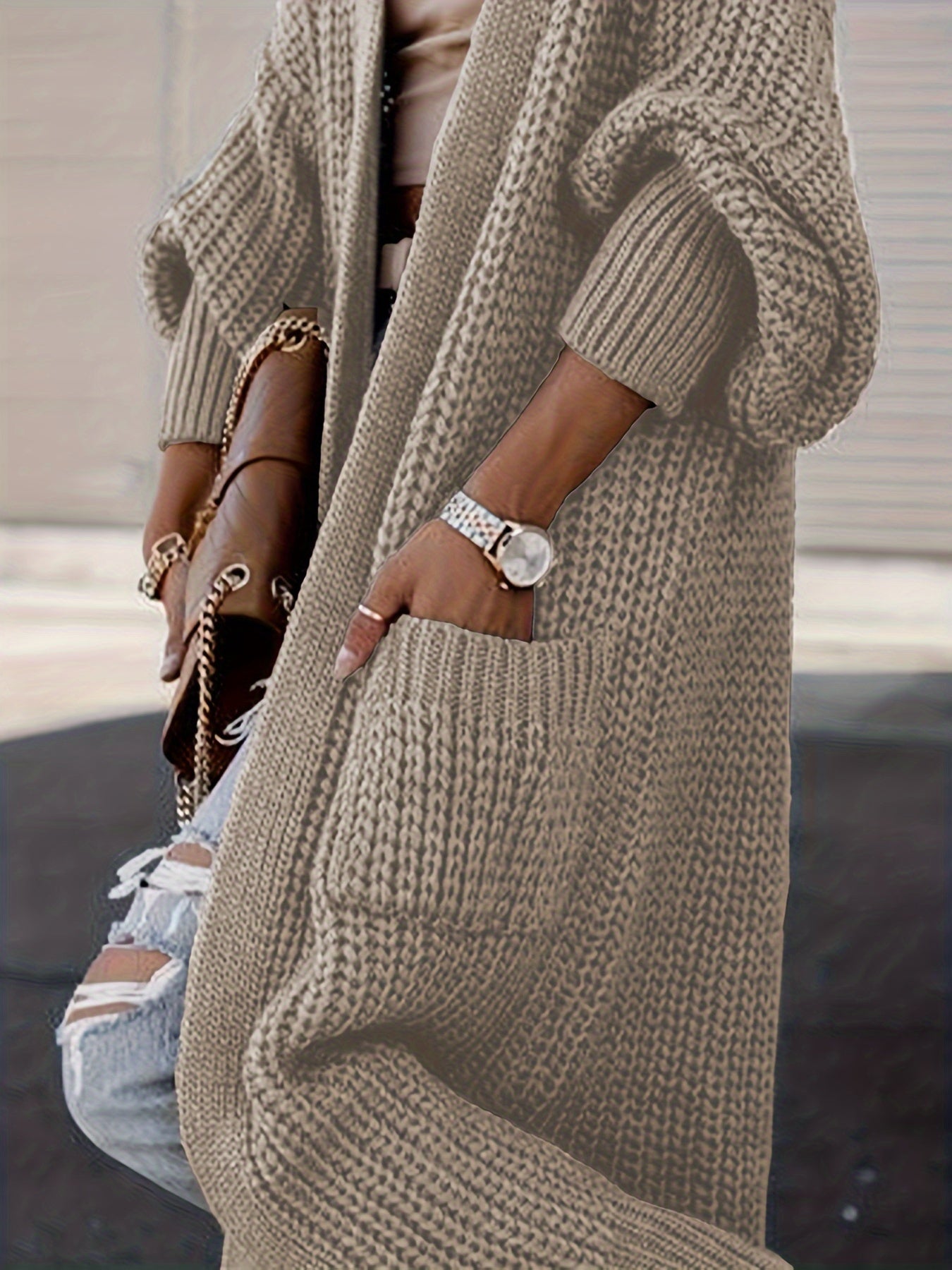 Elegante cárdigan acanalado con cuello en V profundo – Suéter de punto de otoño/invierno para mujer