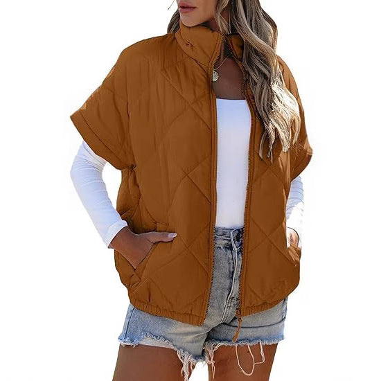 Women’s Diamond Quilted Zip Jacket – Casual Warm Pocket Coat