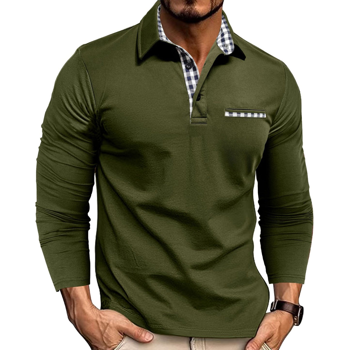 Loom & Soul™ Polo de hombre de manga larga con retales de cuadros y color liso - Casual