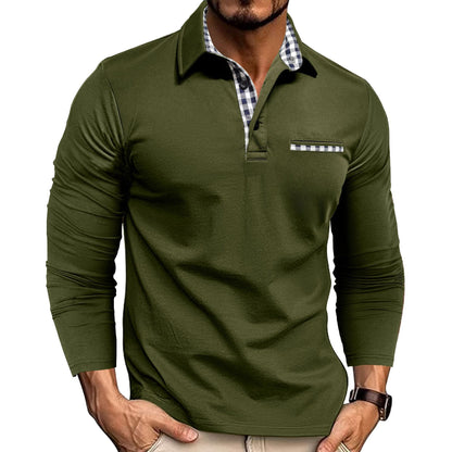 Loom & Soul™ Polo de hombre de manga larga con retales de cuadros y color liso - Casual
