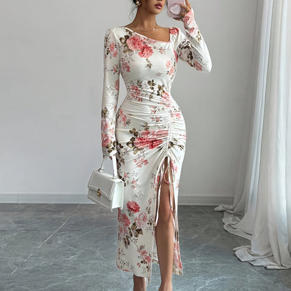 Asymmetrical Floral Bodycon Dress – Long Sleeve Ruffle Slit Dress