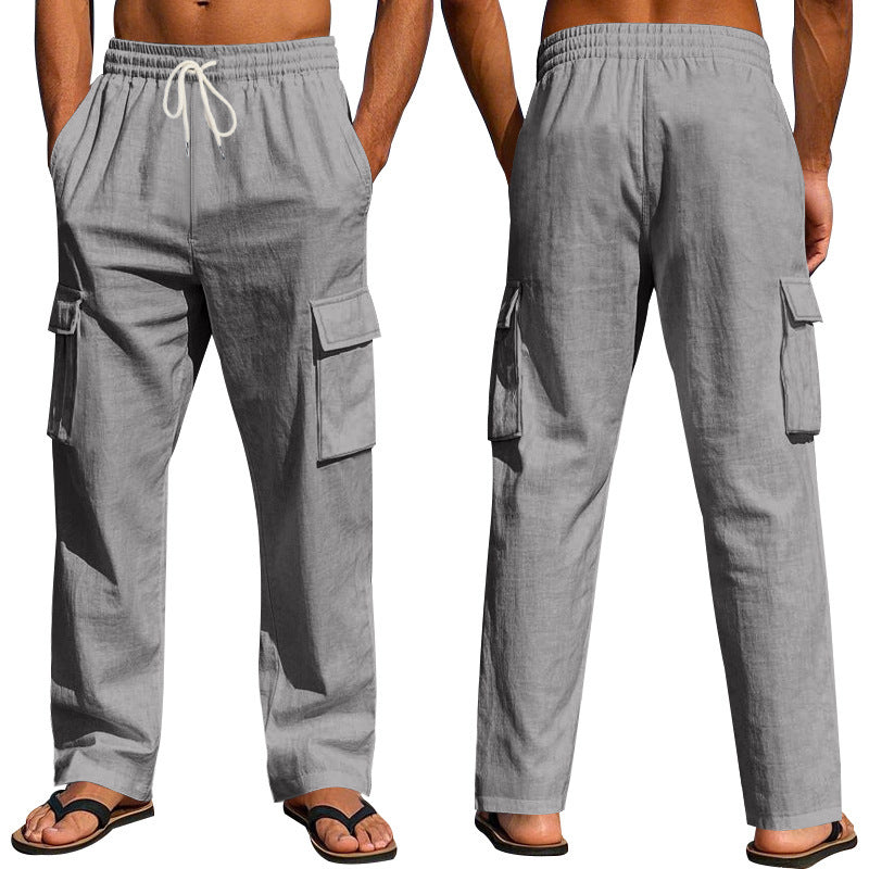 Loom & Soul™ Pantalones cargo de lino para hombre – Pantalones de trabajo transpirables de pernera recta con múltiples bolsillos
