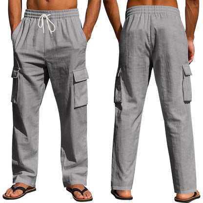 Loom & Soul™ Pantalones cargo de lino para hombre – Pantalones de trabajo transpirables de pernera recta con múltiples bolsillos