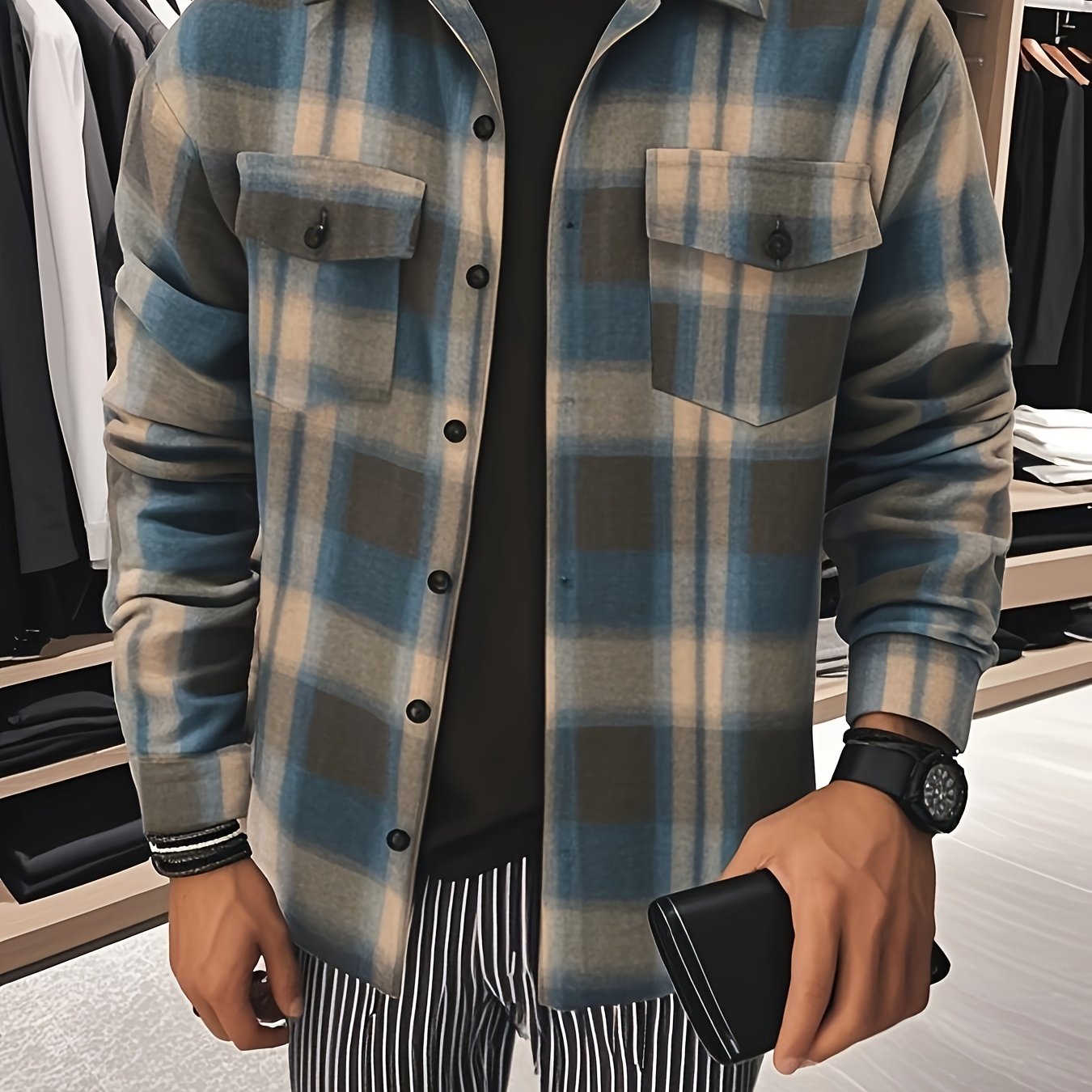 Camisa a cuadros verdes y azules para hombre – Camisa informal a cuadros con botones