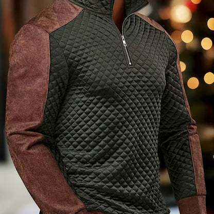 Henley de punto de rombos con cremallera para hombre – Suéter con bloques de color texturizado