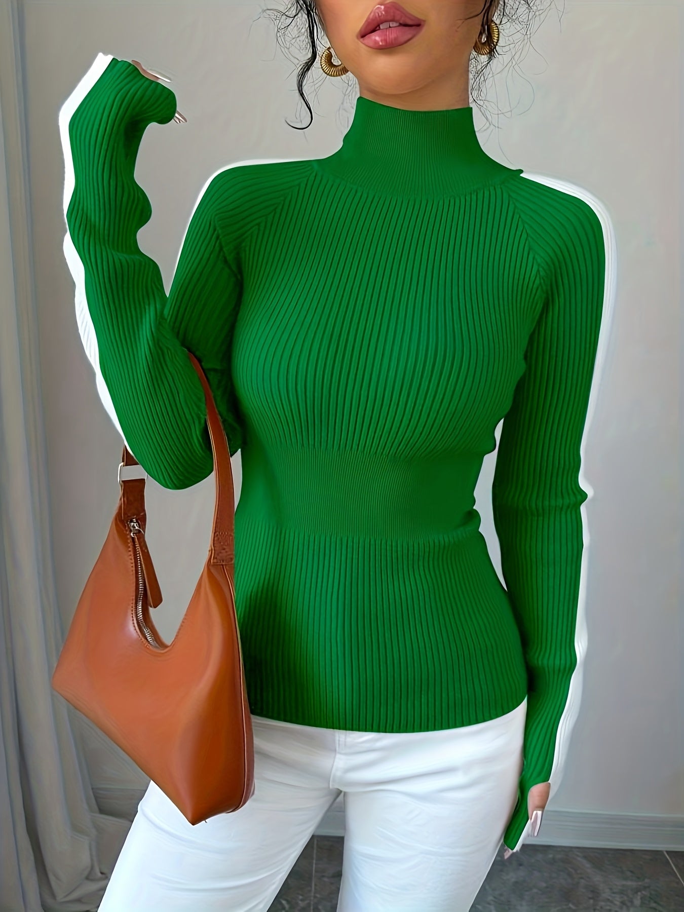 Suéter de cuello alto color block para mujer - Blusa elegante de punto suave