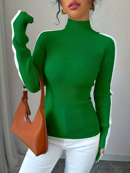 Suéter de cuello alto color block para mujer - Blusa elegante de punto suave