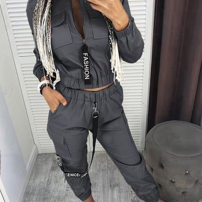 Conjunto de dos piezas con cremallera y diseño direccional – Ropa urbana informal para mujer