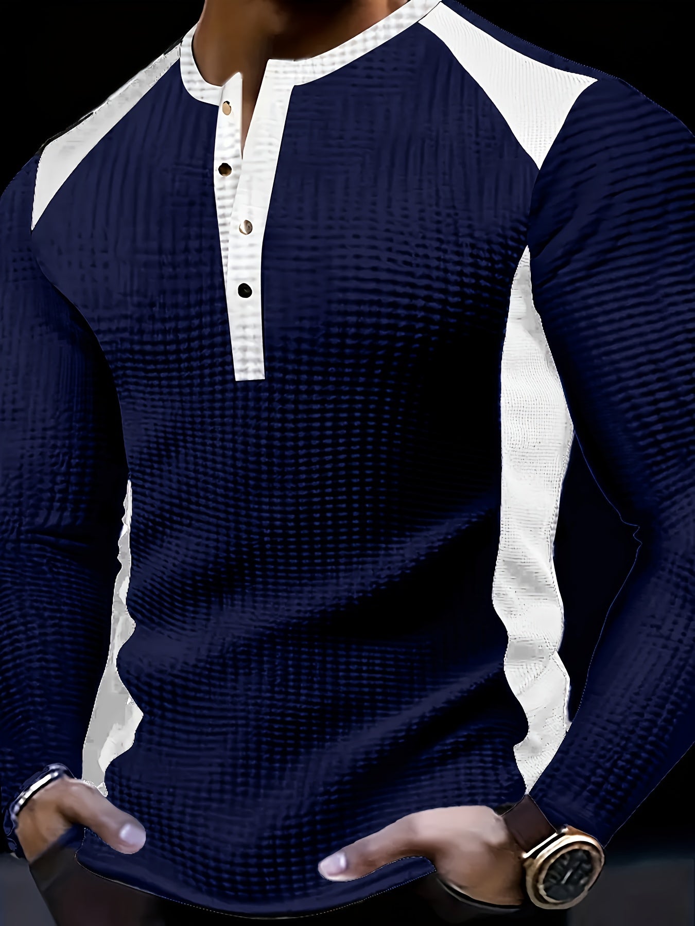 Chemise Henley gaufrée pour homme – Haut boutonnée toutes saisons blanc et noir