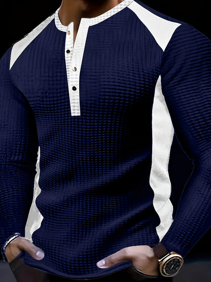 Chemise Henley gaufrée pour homme – Haut boutonnée toutes saisons blanc et noir